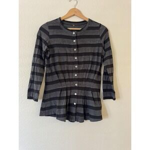 Pete Button Up Shirt Womens S Gray Stripe 3/4 Sleeve Pleated Tunic Jersey‎ Top